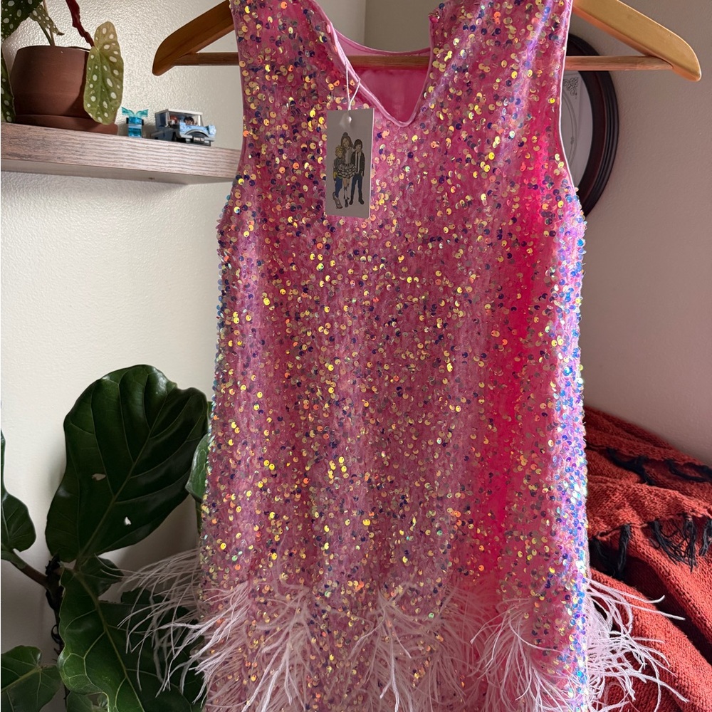 Lola + The Boys Iridescent Pink Sequin Dress with Feather Hem - Picture 2 of 2